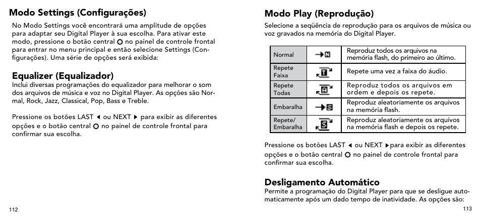 Modo settings (configurações), Equalizer (equalizador), Modo play (reprodução) | Desligamento automático | Imation 3503 User Manual | Page 57 / 64