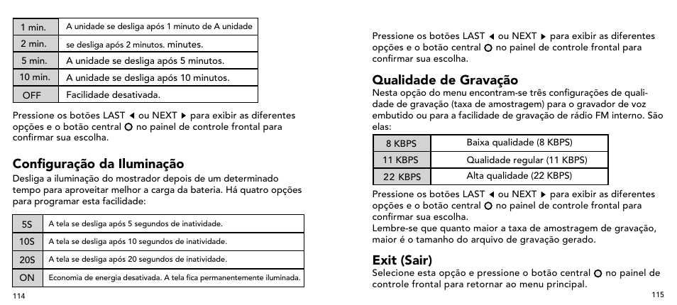 Configuração da iluminação, Qualidade de gravação, Exit (sair) | Imation 3503 User Manual | Page 58 / 64