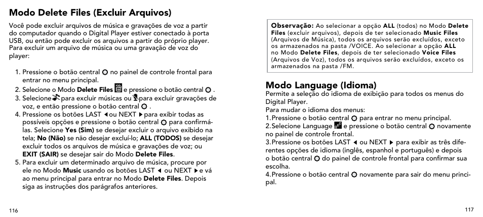 Modo delete files (excluir arquivos), Modo language (idioma) | Imation 3503 User Manual | Page 59 / 64