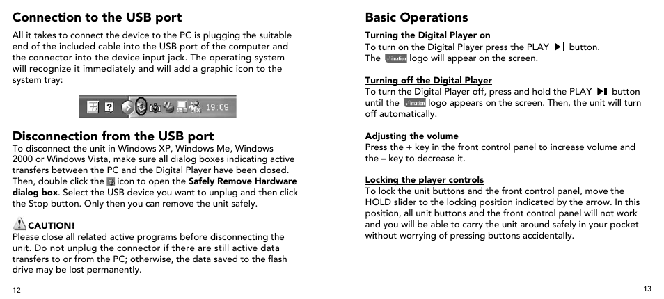 Connection to the usb port, Disconnection from the usb port, Basic operations | Imation 3503 User Manual | Page 7 / 64