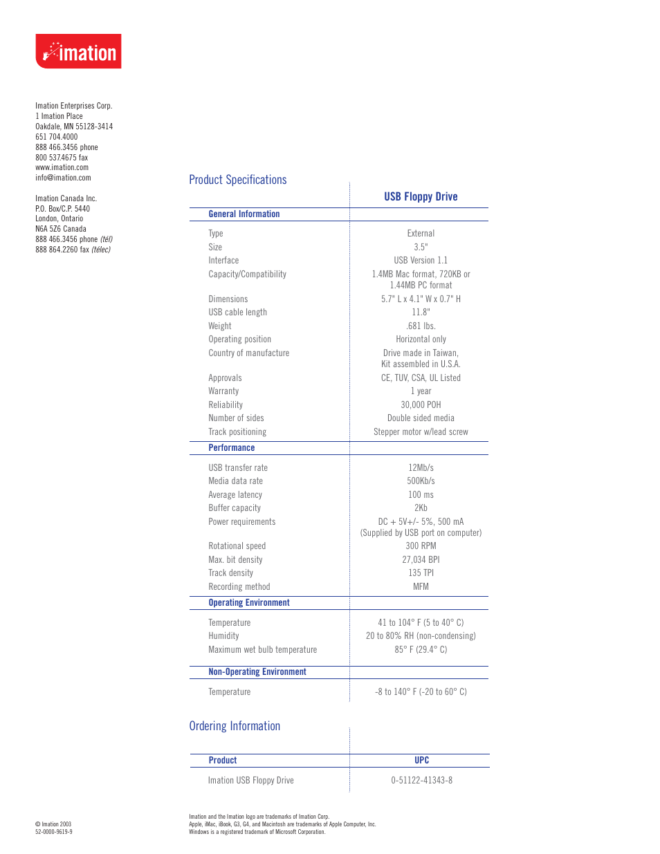 Product specifications, Ordering information | Imation Computer Drive User Manual | Page 2 / 2