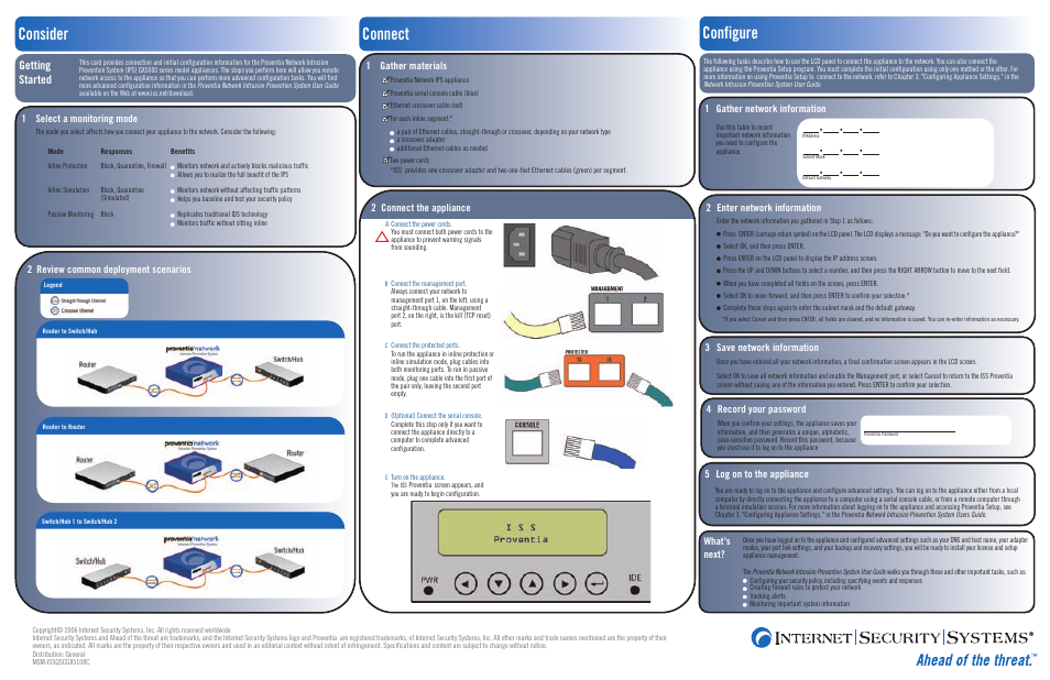 Consider connect configure, Getting started, Gather network information | Enter network information, 12 3 save network information, 4 record your password, 5 log on to the appliance what's next, Connect the appliance, Select a monitoring mode, 12 review common deployment scenarios | Internet Security Systems PROVENTIA GX5108 User Manual | Page 2 / 2