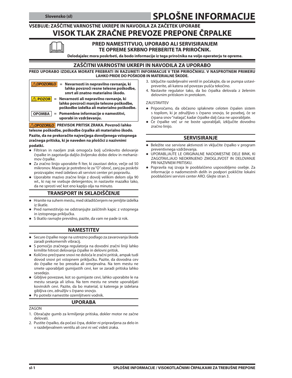 Splošne informacije, Visok tlak zračne prevoze prepone črpalke, Zaščitni varnostni ukrepi in navodila za uporabo | Transport in skladiščenje, Namestitev, Uporaba, Servisiranje | Ives S-634 User Manual | Page 44 / 53