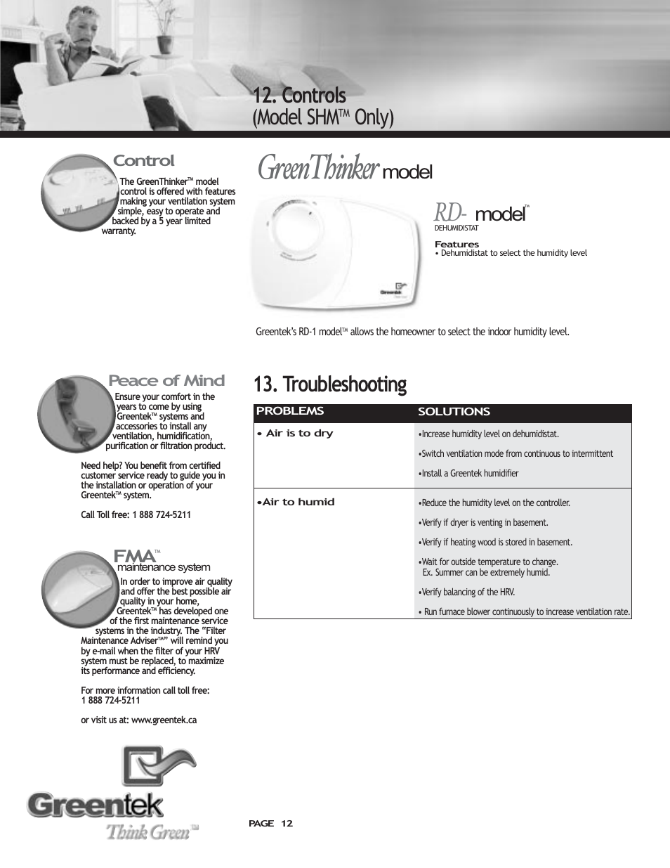 Greenthinker, Rd-1, Controls (model shm | Only) 13. troubleshooting, Model, Peace of mind, Control | Imperial SHMTM User Manual | Page 12 / 16