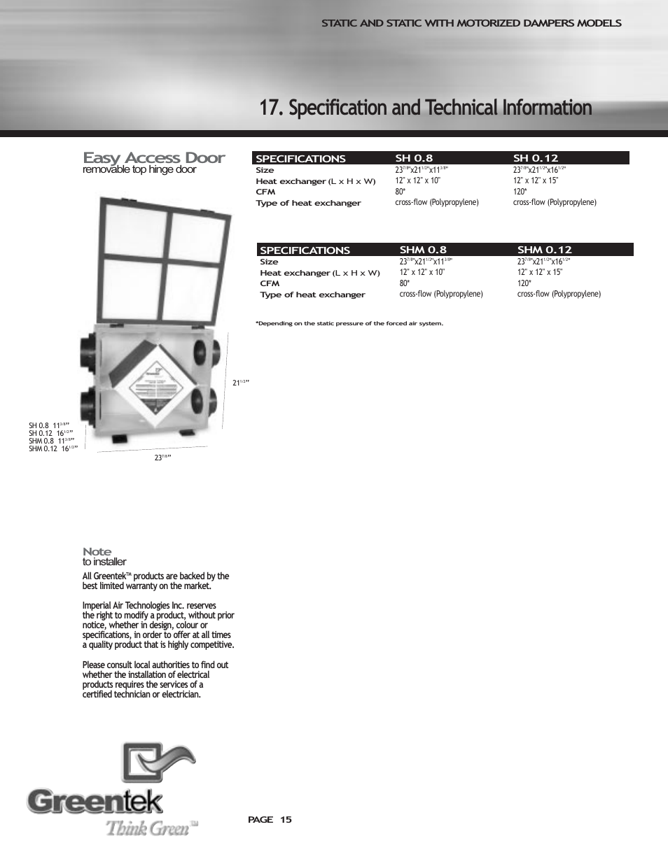 Specification and technical information, Easy access door | Imperial SHMTM User Manual | Page 15 / 16