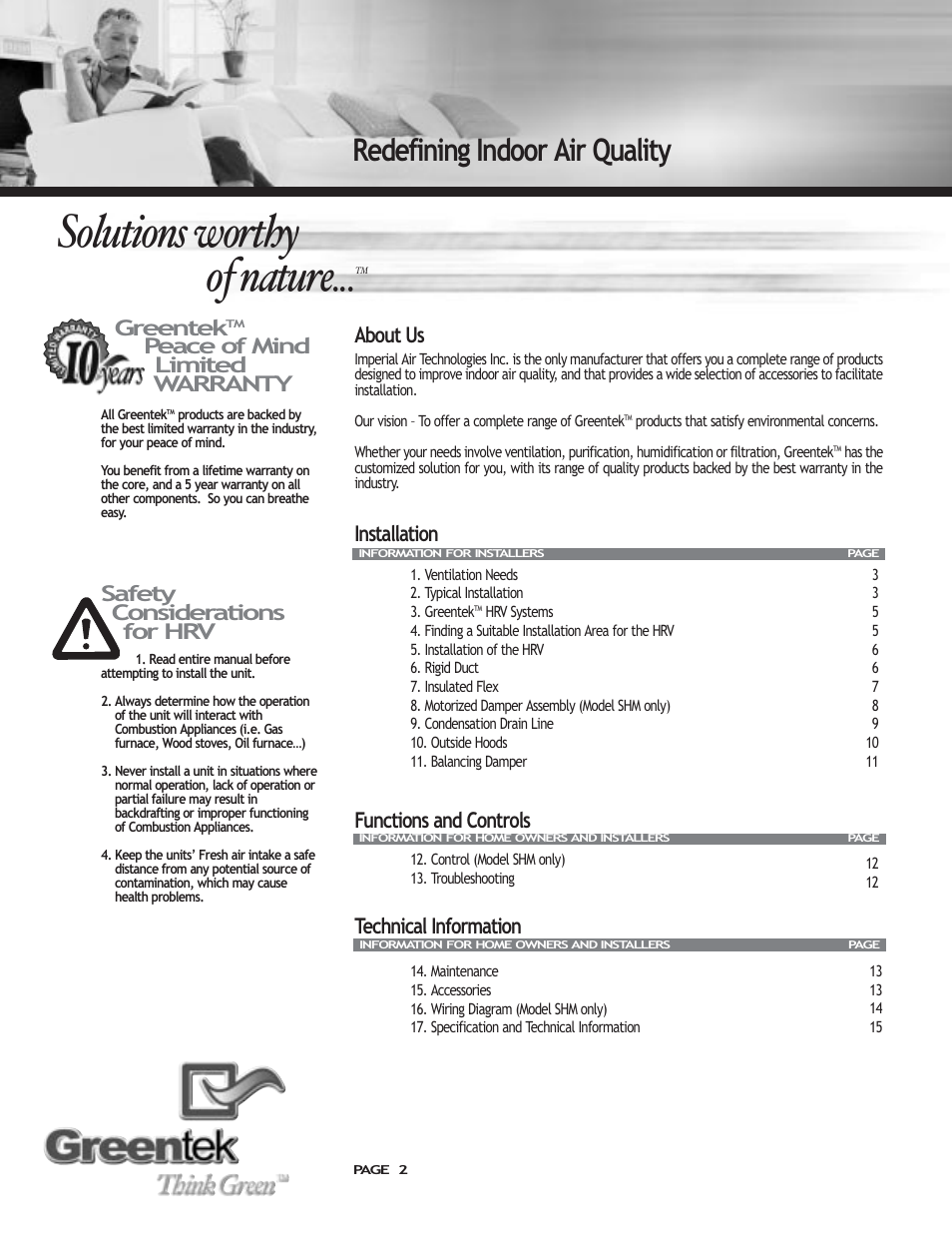 Solutions worthy of nature, Redefining indoor air quality, About us | Installation, Functions and controls, Technical information, Greentek, Peace of mind limited warranty, Safety considerations for hrv | Imperial SHMTM User Manual | Page 2 / 16