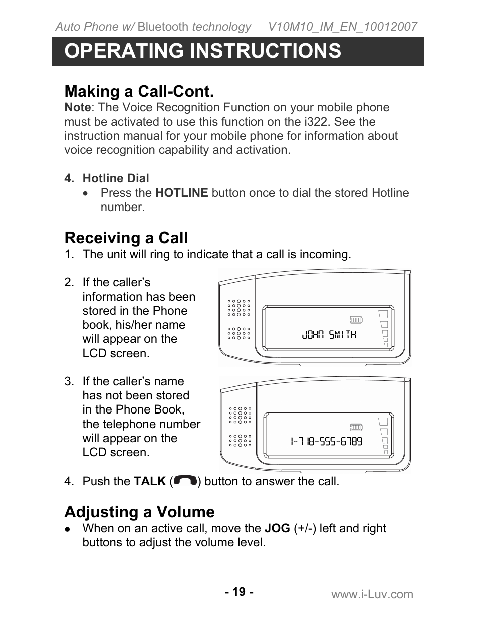 Operating instructions, Making a call-cont, Receiving a call | Adjusting a volume | Iluv ii322 User Manual | Page 20 / 24