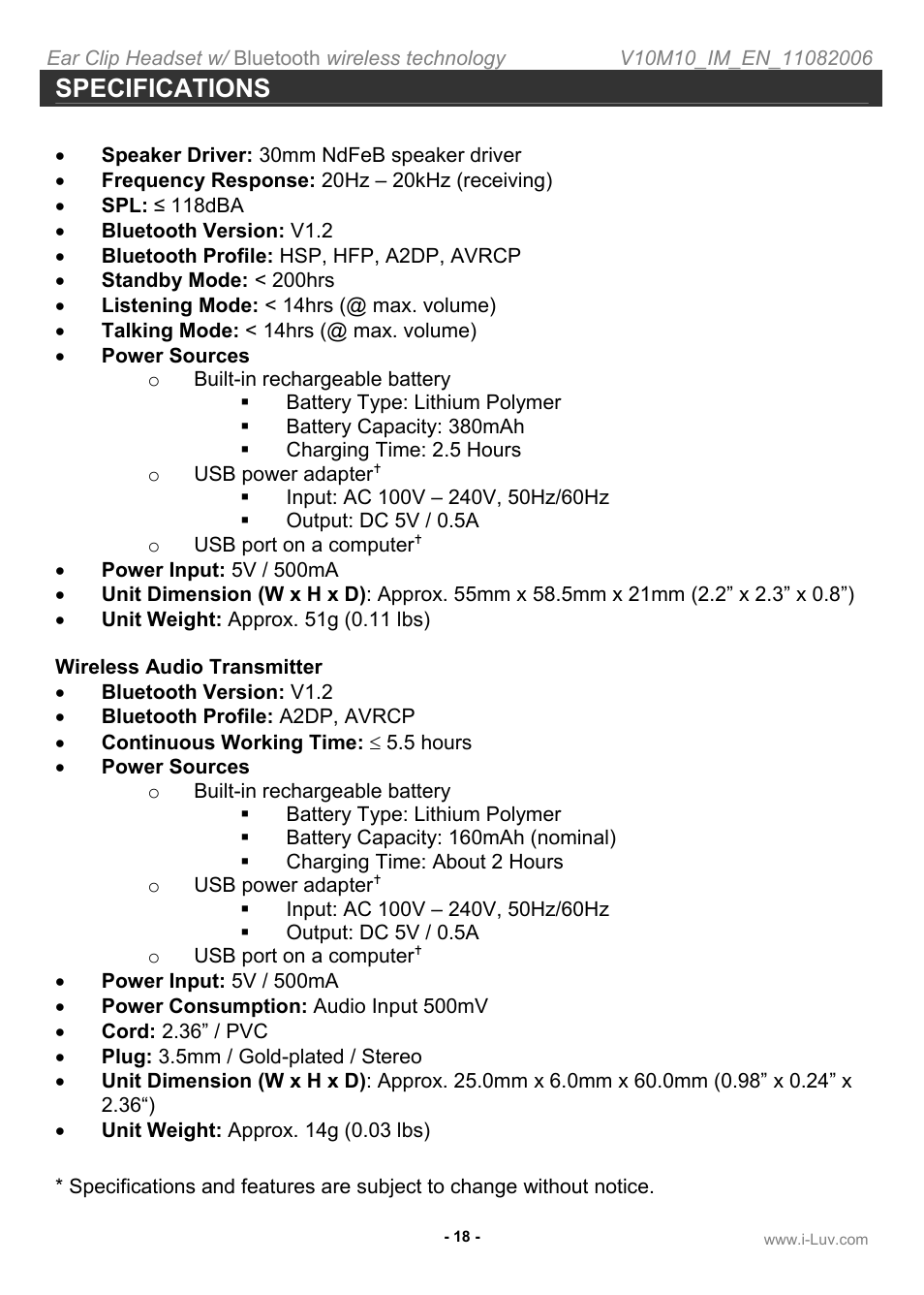 Specifications | Iluv i202 User Manual | Page 19 / 20