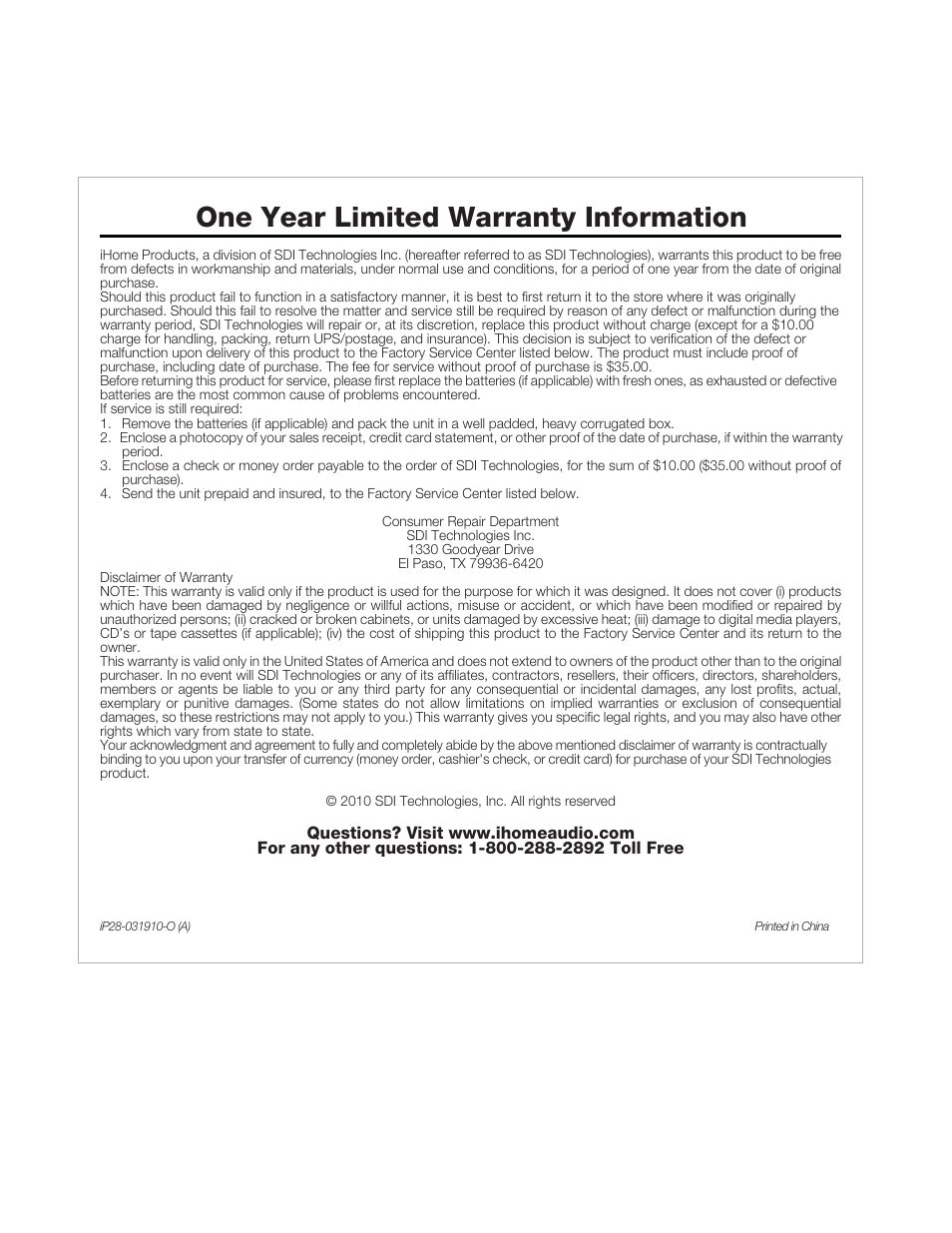 One year limited warranty information | iHome IP28 User Manual | Page 12 / 12