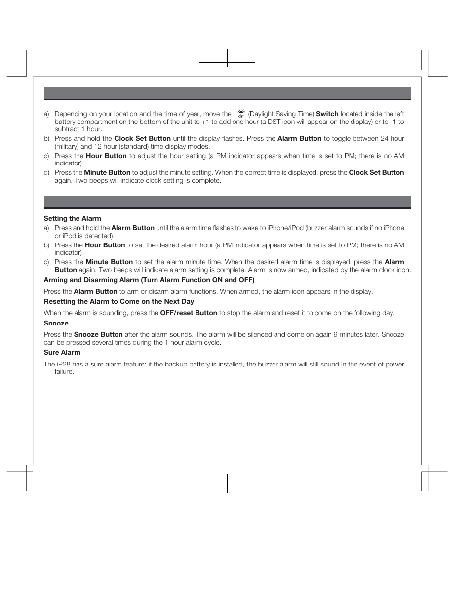 Setting the clock using the alarm using the ip28 | iHome IP28 User Manual | Page 6 / 12