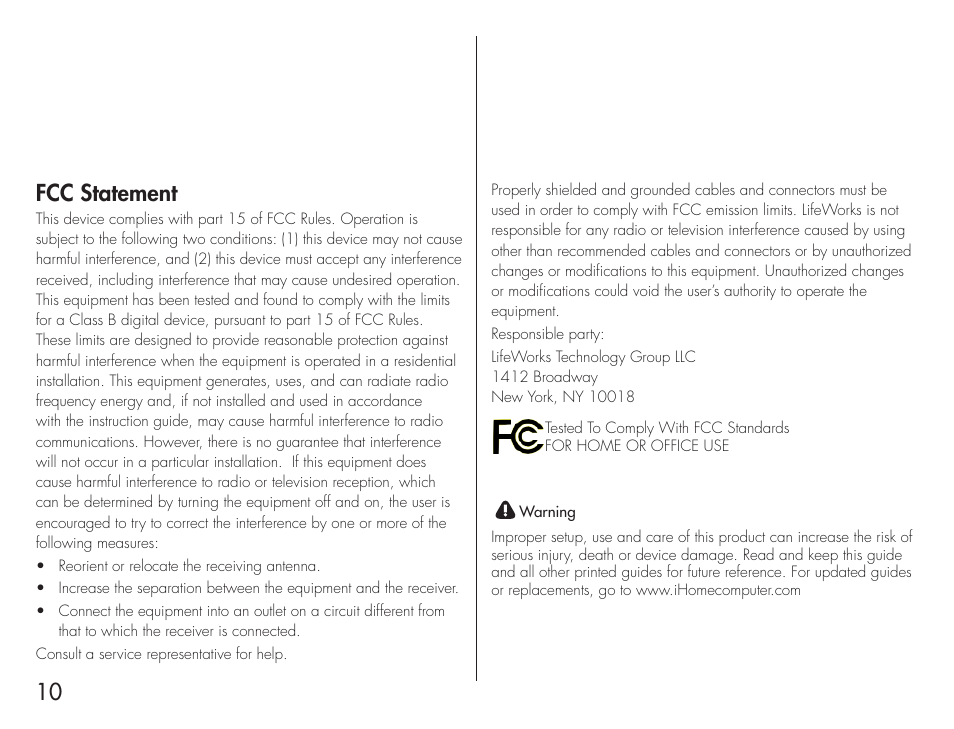 Fcc statement | iHome IH-B939NN User Manual | Page 10 / 12