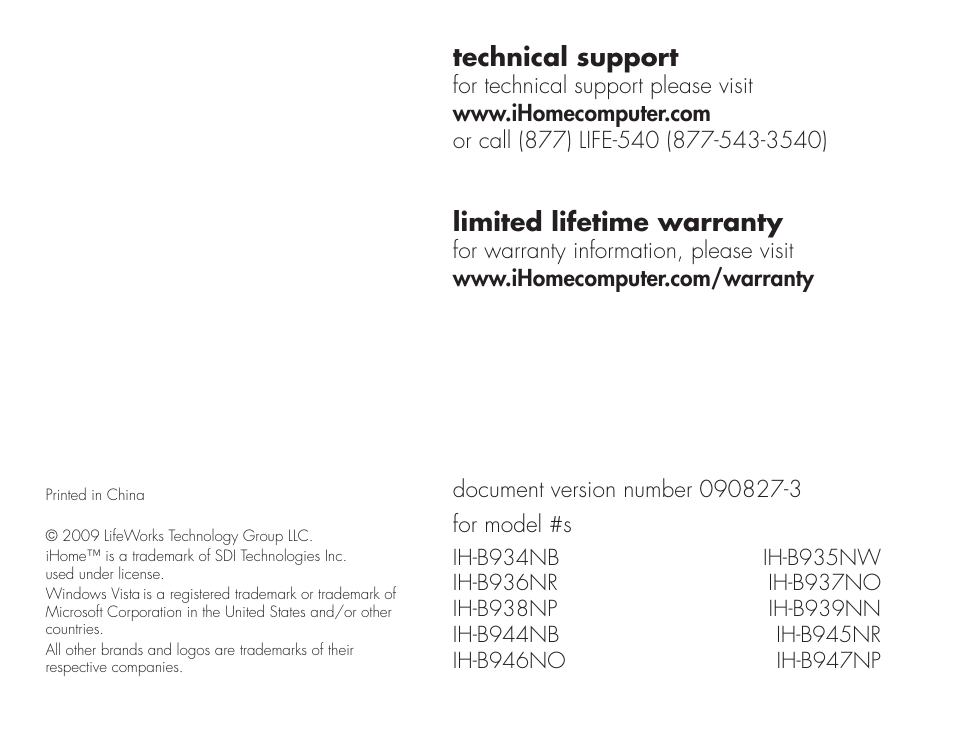Technical support, Limited lifetime warranty | iHome IH-B939NN User Manual | Page 12 / 12