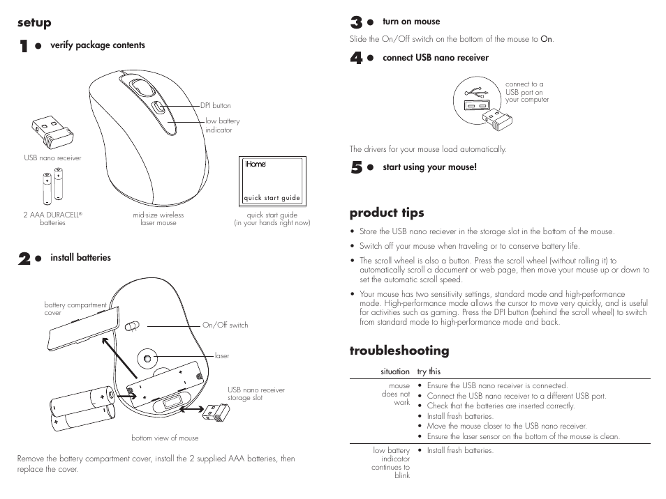 Setup, Product tips, Troubleshooting | iHome IH-M176ZN User Manual | Page 2 / 2