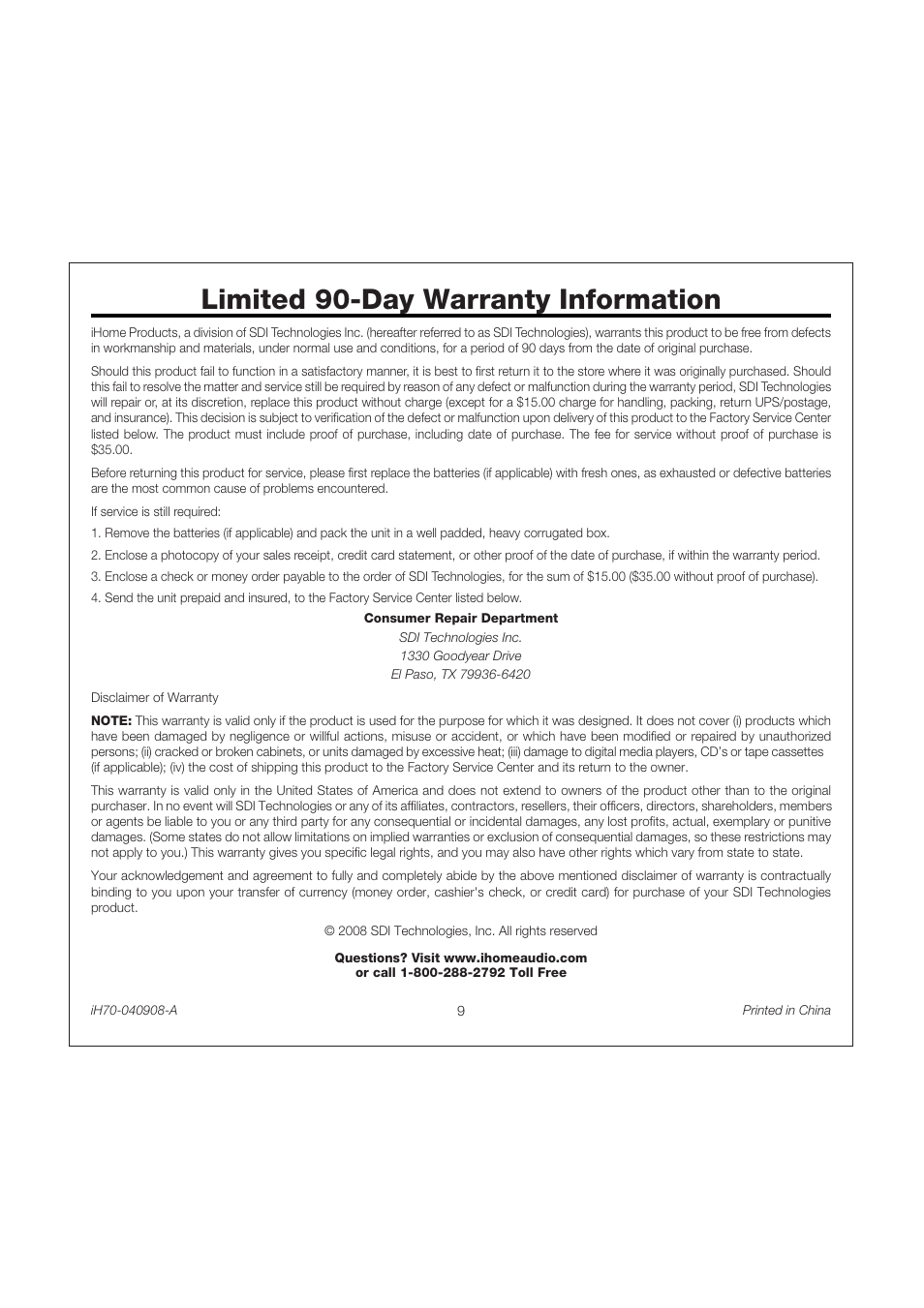 Limited 90-day warranty information | iHome iH70 User Manual | Page 12 / 12