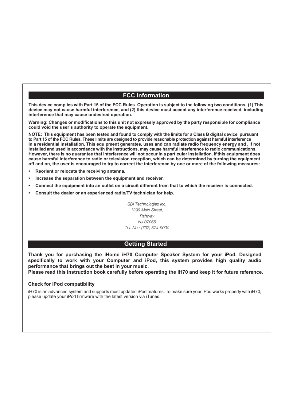 Fcc information getting started | iHome iH70 User Manual | Page 3 / 12