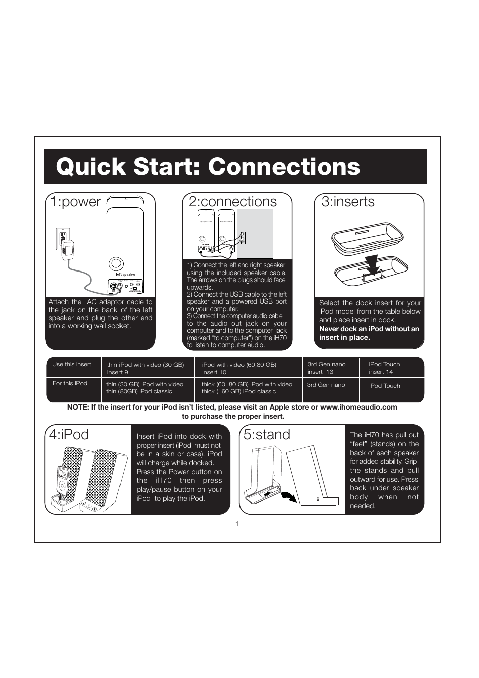 Quick start: connections, Inserts 1:power, Ipod | Stand, Connections | iHome iH70 User Manual | Page 4 / 12