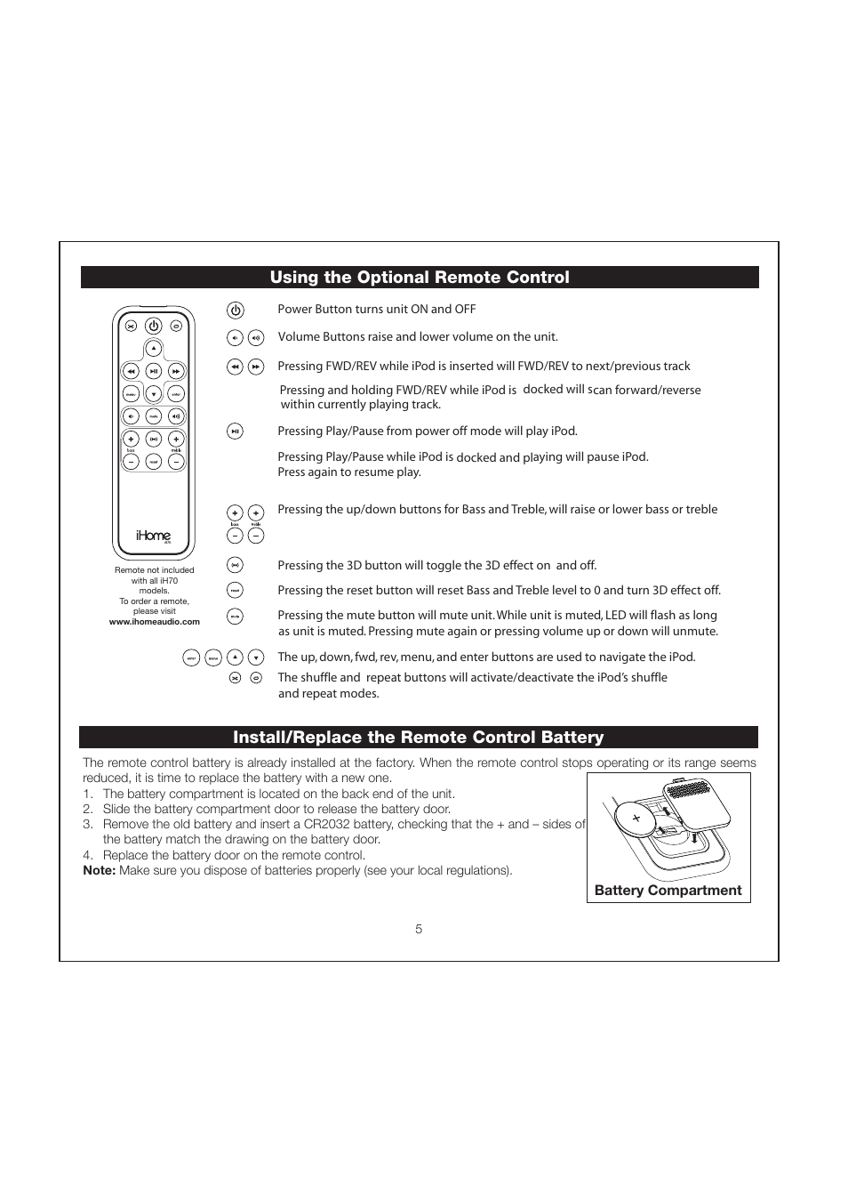 Using the optional remote control, Install/replace the remote control battery | iHome iH70 User Manual | Page 8 / 12