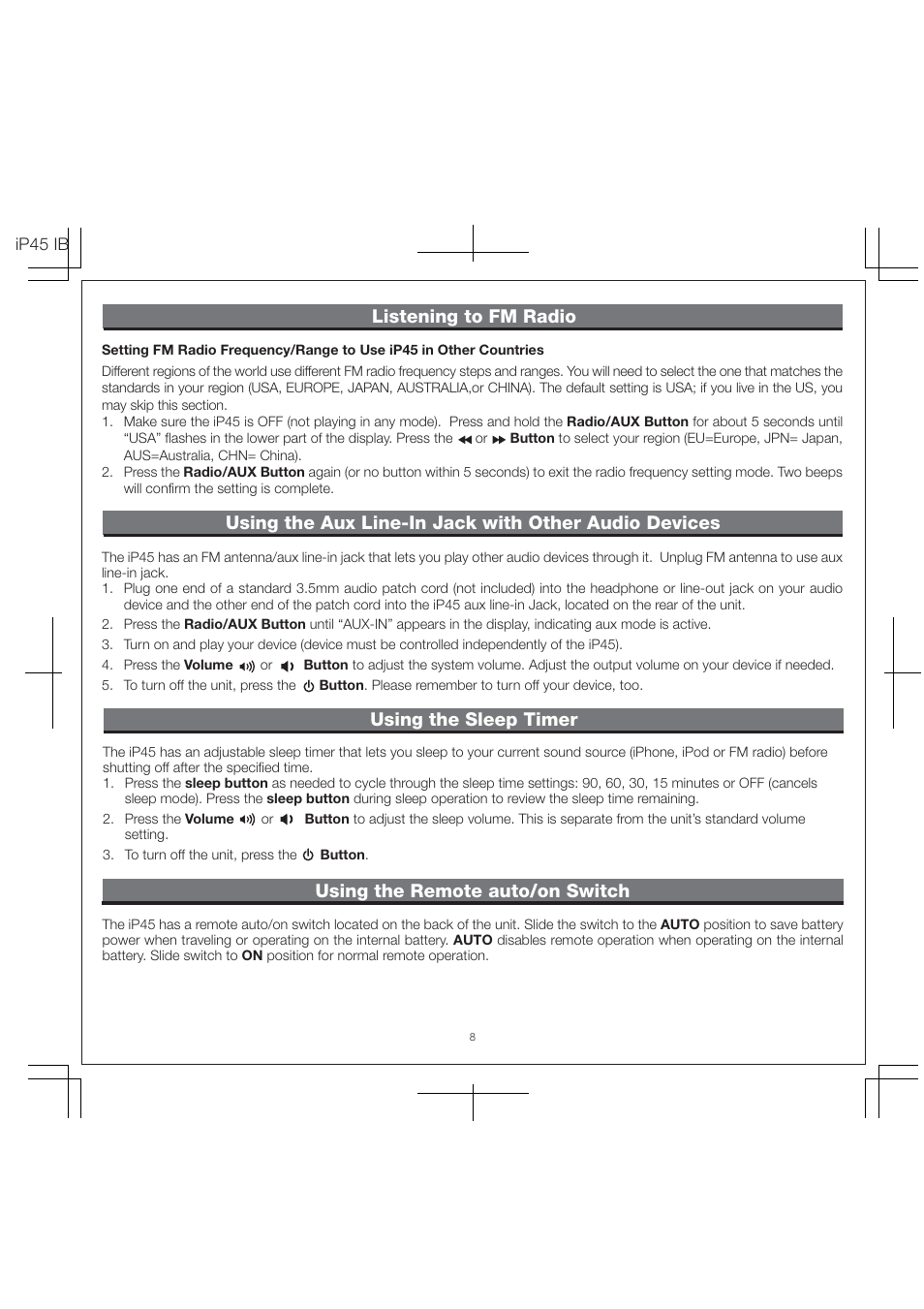 Using the remote auto/on switch, Using the sleep timer, Listening to fm radio | iHome IP45 User Manual | Page 10 / 13