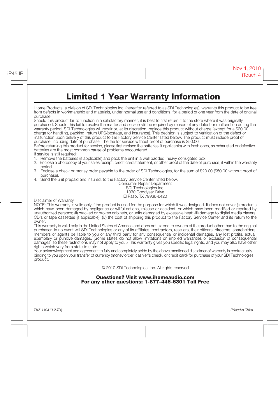 Limited 1 year warranty information | iHome IP45 User Manual | Page 13 / 13