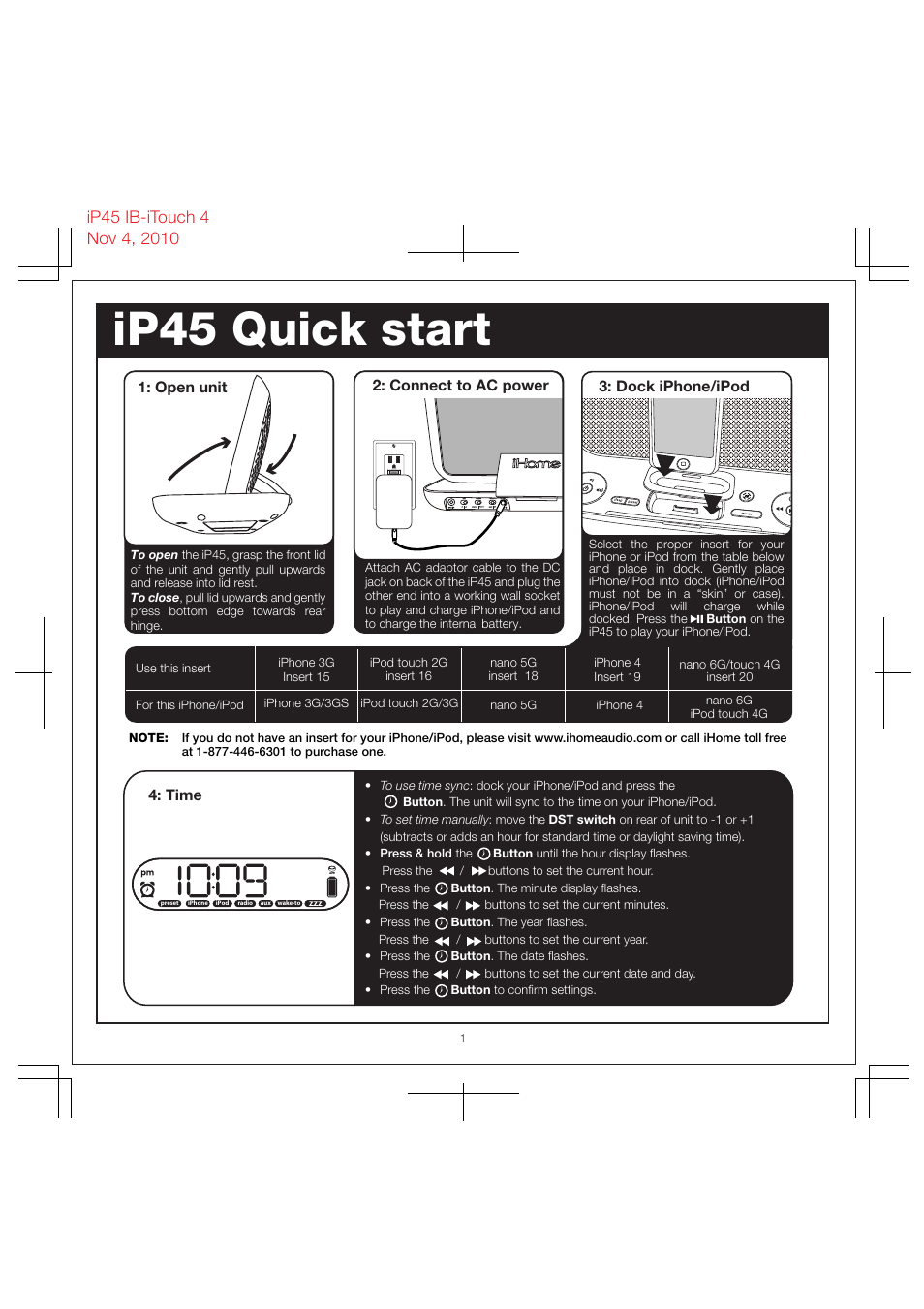 Ip45 quick start, Open unit, Time | Connect to ac power, Dock iphone/ipod | iHome IP45 User Manual | Page 3 / 13