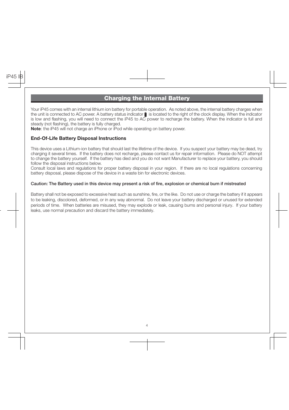 Charging the internal battery | iHome IP45 User Manual | Page 6 / 13