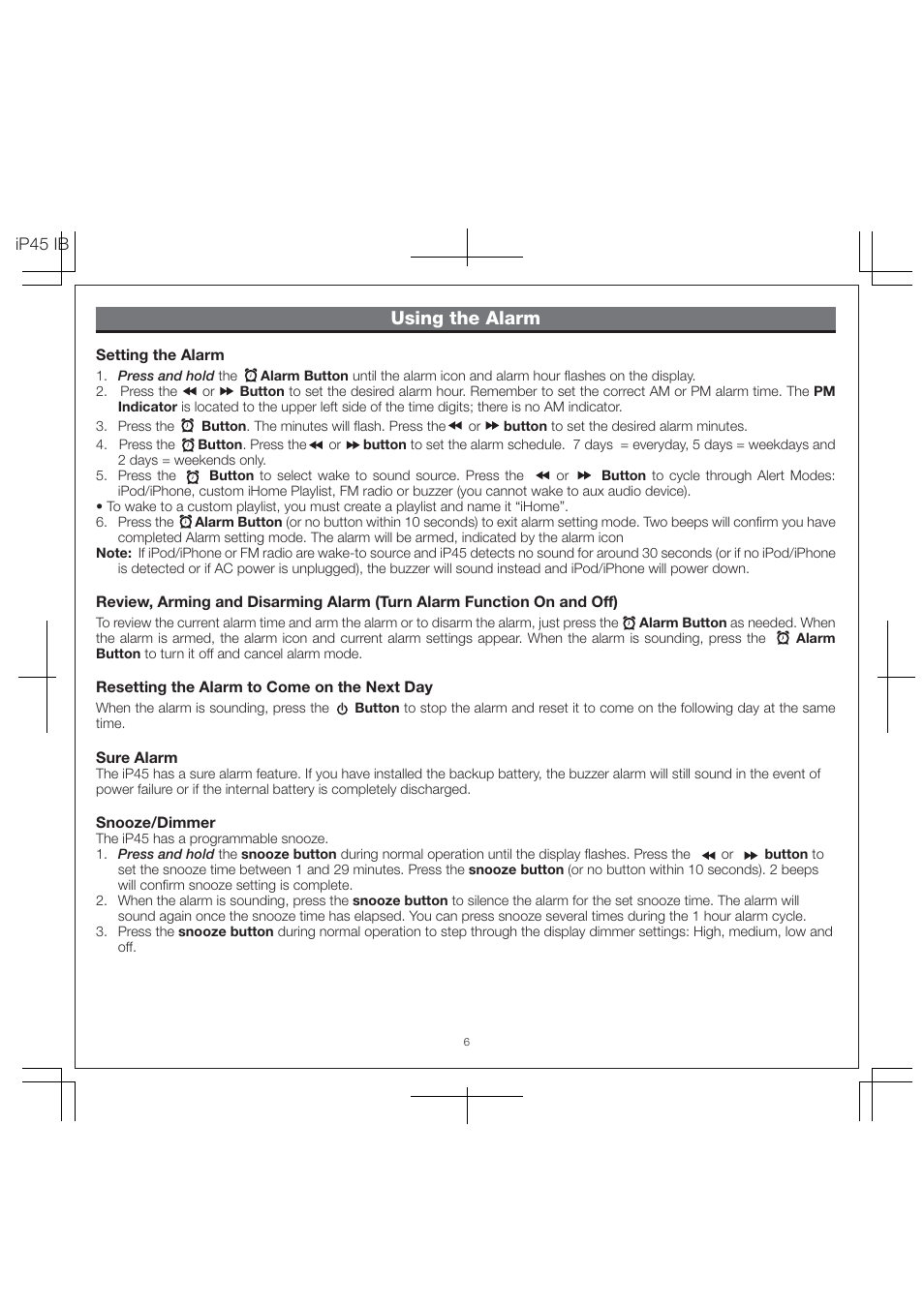 Using the alarm | iHome IP45 User Manual | Page 8 / 13