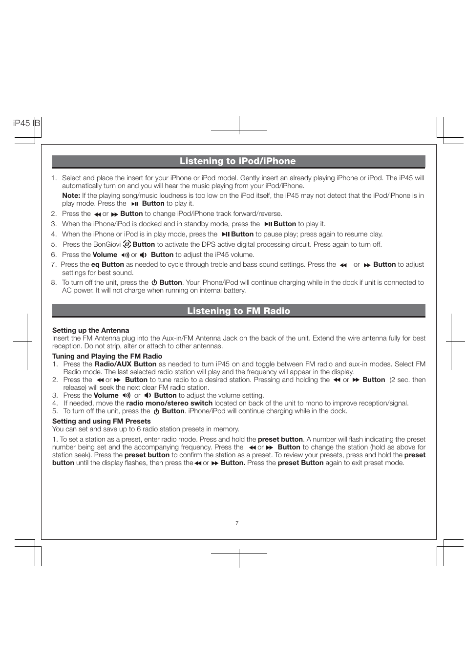 Listening to ipod/iphone, Listening to fm radio | iHome IP45 User Manual | Page 9 / 13