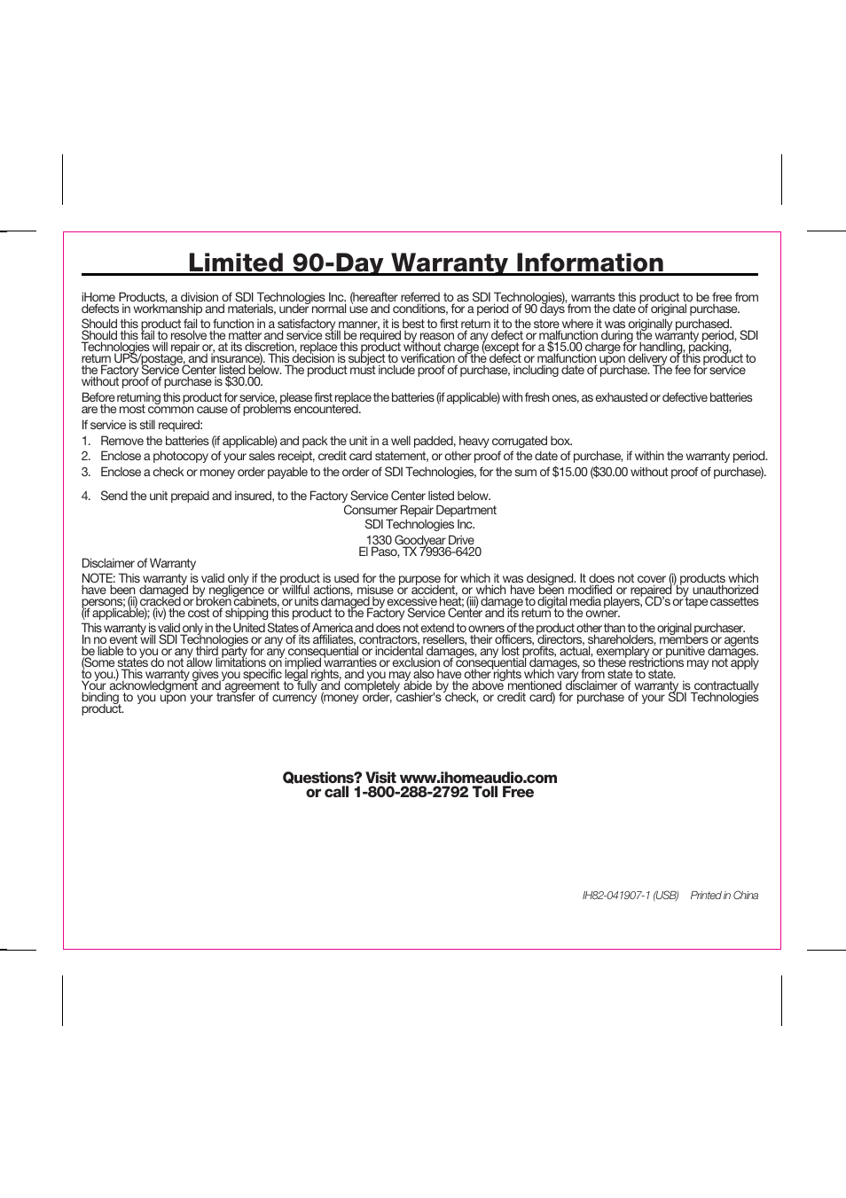 Limited 90-day warranty information | iHome iH82 User Manual | Page 15 / 15