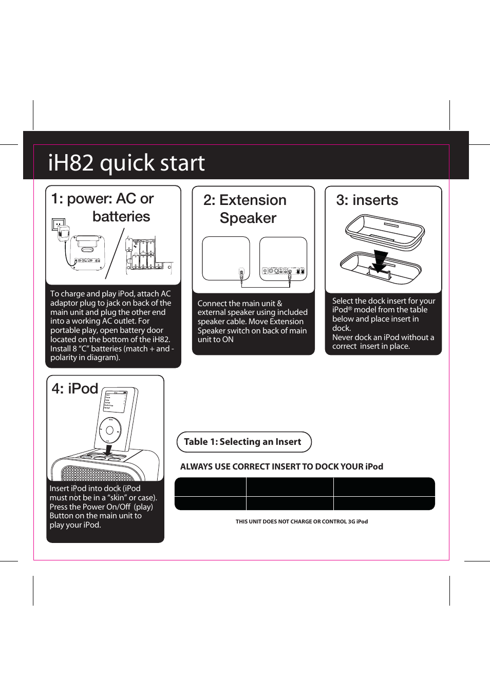 Ih82 quick start, Extension speaker, Power: ac or batteries 4: ipod | Inserts | iHome iH82 User Manual | Page 4 / 15