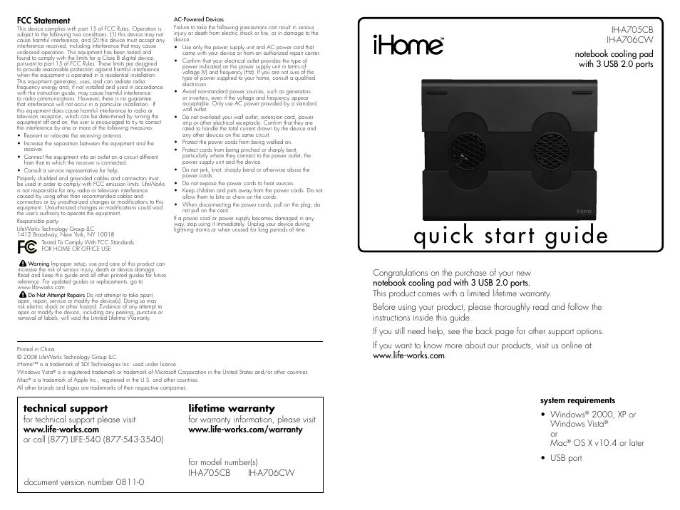 iHome IH-A705CB User Manual | 2 pages