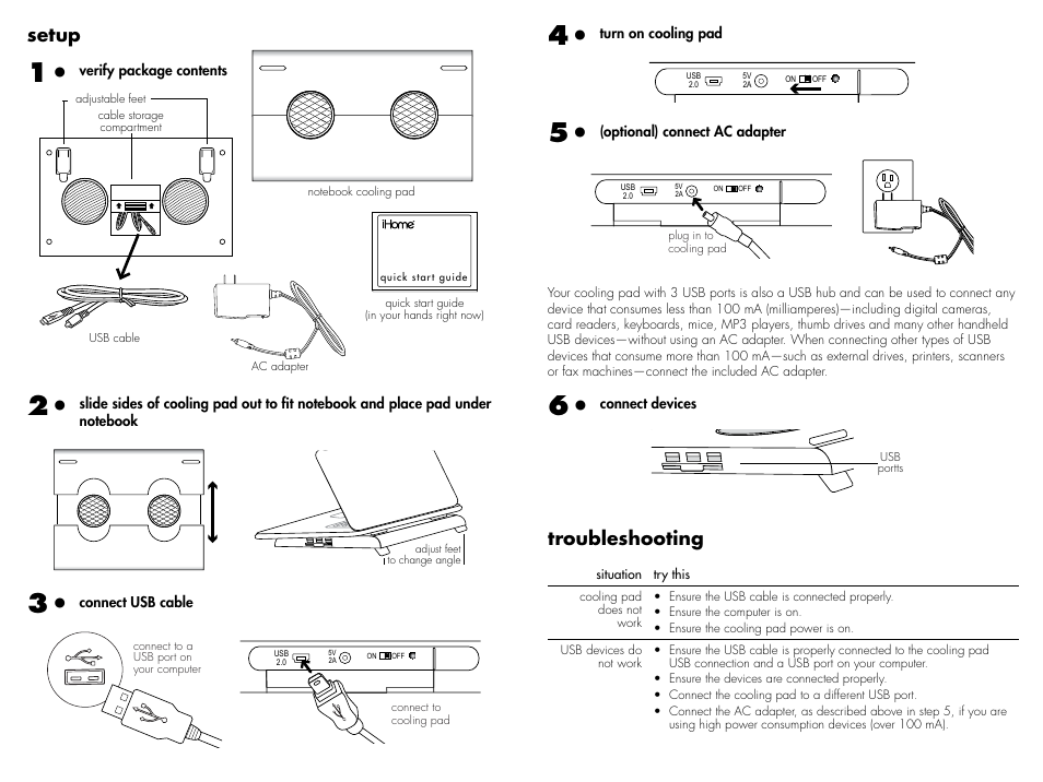 Setup, Troubleshooting | iHome IH-A705CB User Manual | Page 2 / 2