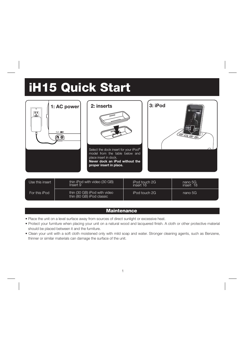 Ih15 quick start, Inserts, Maintenance | Ipod 1: ac power | iHome iH15 User Manual | Page 3 / 7