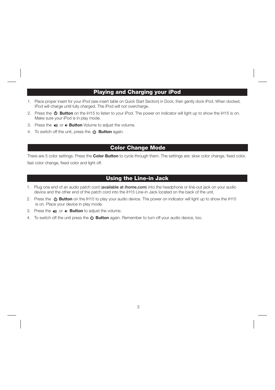 Color change mode, Playing and charging your ipod, Using the line-in jack | iHome iH15 User Manual | Page 5 / 7