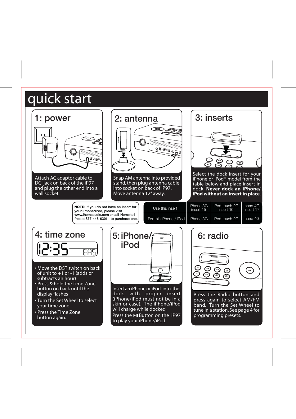 Quick start, Time zone 5: iphone/ ipod, Antenna 1: power | Radio 3: inserts | iHome IP97 User Manual | Page 3 / 13