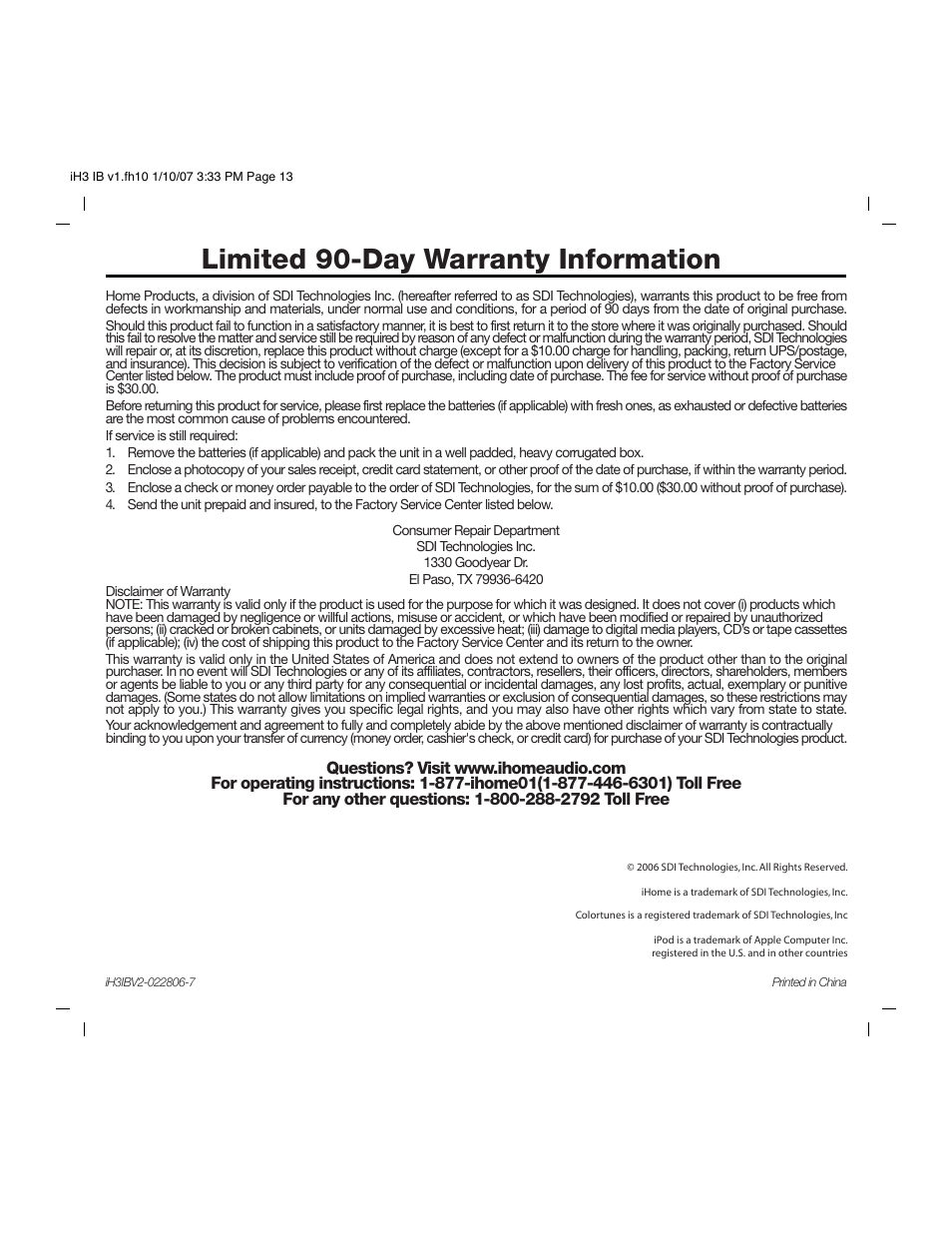 Limited 90-day warranty information | iHome iH3 User Manual | Page 13 / 13