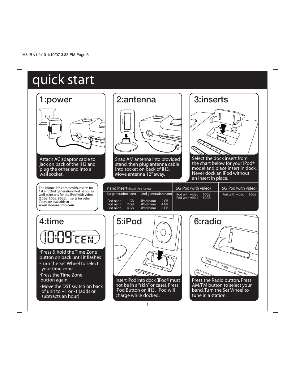 Quick start | iHome iH3 User Manual | Page 3 / 13