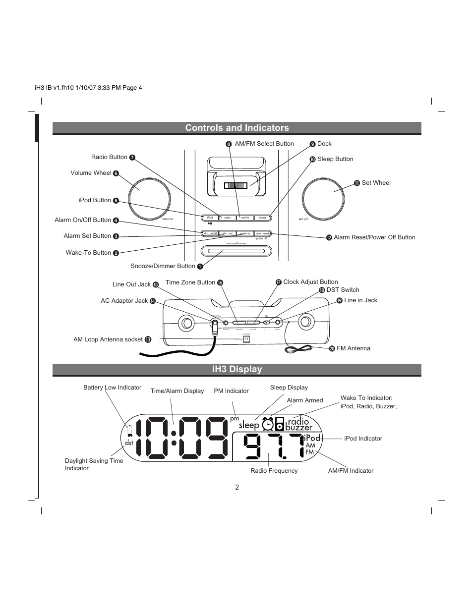Controls and indicators ih3 display | iHome iH3 User Manual | Page 4 / 13