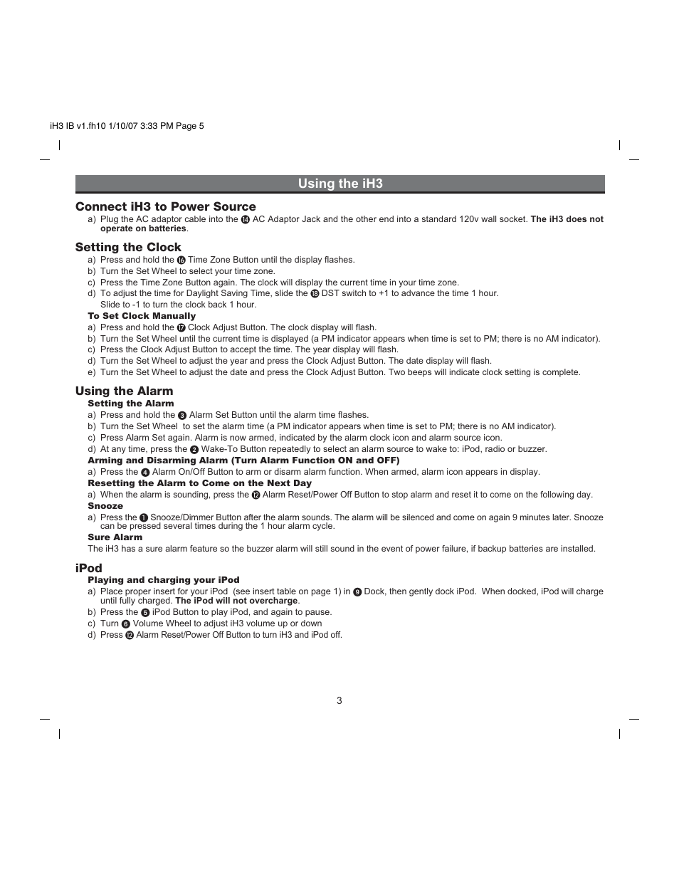 Using the ih3, Connect ih3 to power source, Setting the clock | Using the alarm, Ipod | iHome iH3 User Manual | Page 5 / 13