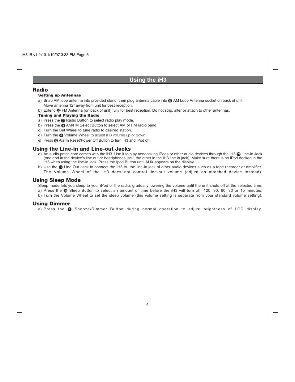 Using the ih3, Radio, Using the line-in and line-out jacks | Using sleep mode, Using dimmer | iHome iH3 User Manual | Page 6 / 13