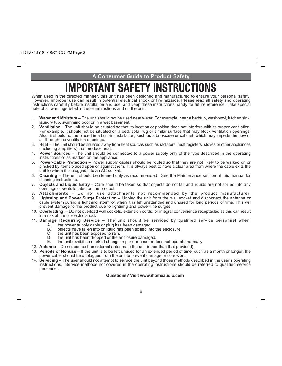 A consumer guide to product safety | iHome iH3 User Manual | Page 8 / 13