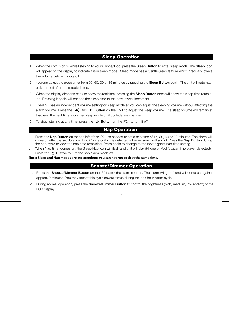 Sleep operation nap operation, Snooze/dimmer operation | iHome IP21 User Manual | Page 10 / 13