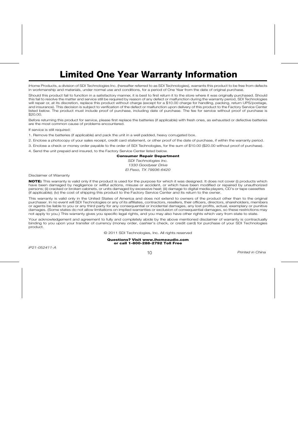 Limited one year warranty information | iHome IP21 User Manual | Page 13 / 13