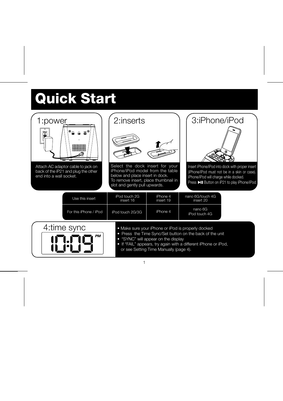 Quick start, Iphone/ipod 4:time sync, Power | Inserts | iHome IP21 User Manual | Page 4 / 13