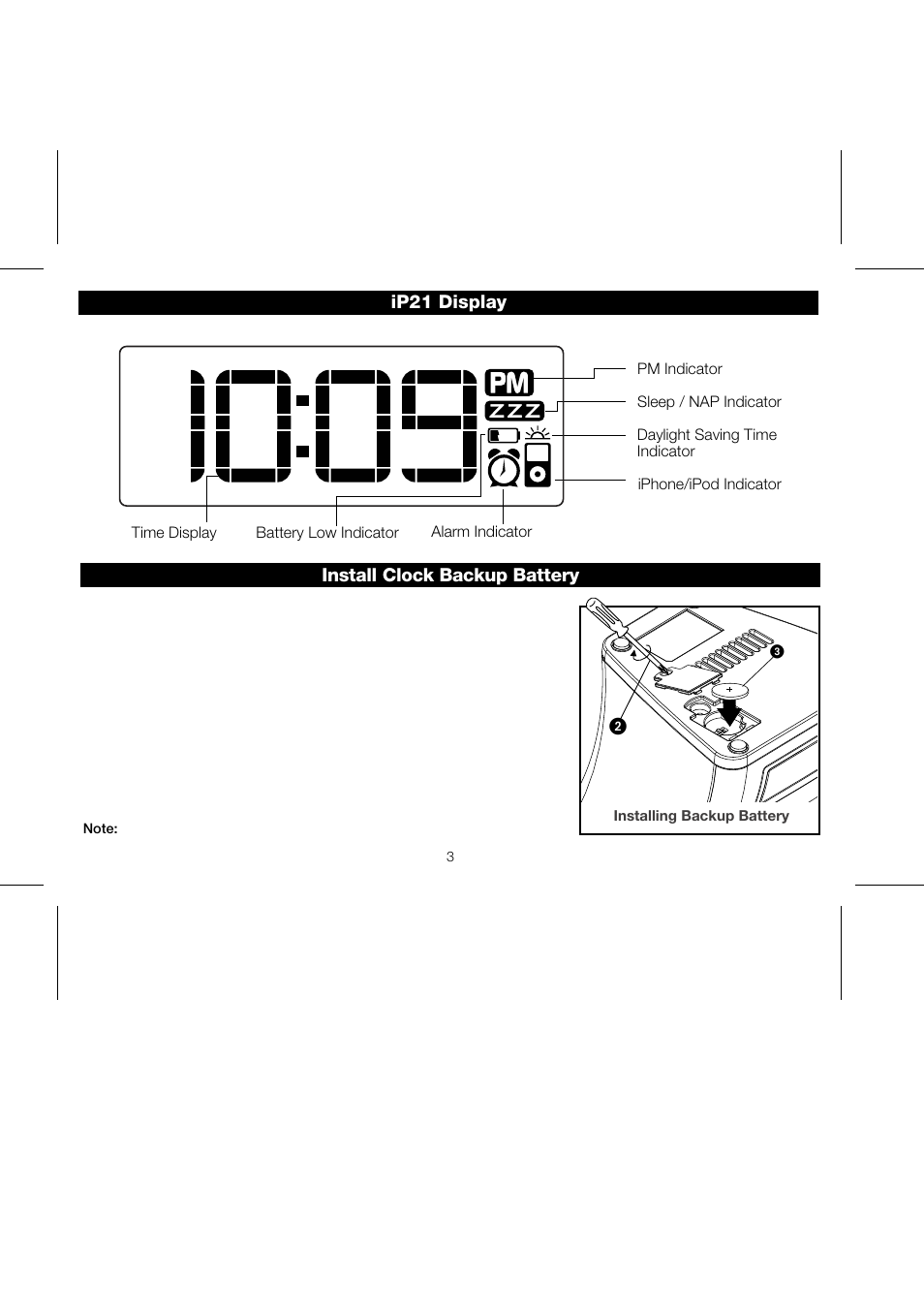 Ip21 display install clock backup battery | iHome IP21 User Manual | Page 6 / 13