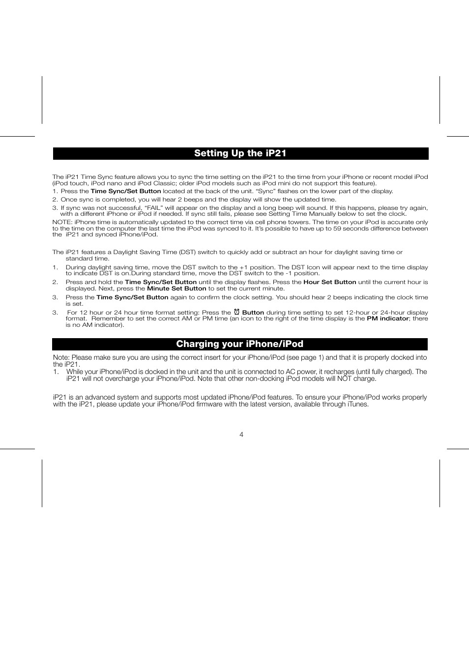 Setting up the ip21, Charging your iphone/ipod | iHome IP21 User Manual | Page 7 / 13