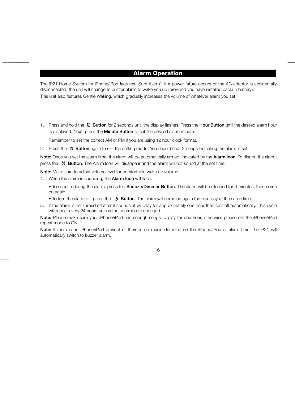 Alarm operation | iHome IP21 User Manual | Page 9 / 13