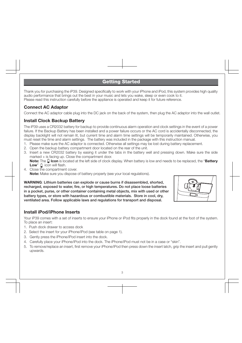 Getting started | iHome IP39 User Manual | Page 5 / 12