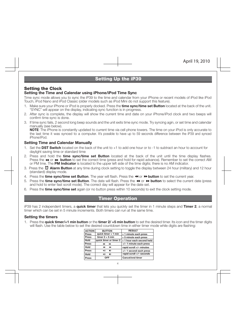 Setting up the ip39, Setting the clock, Setting time and calendar manually | Setting the timers | iHome IP39 User Manual | Page 6 / 12