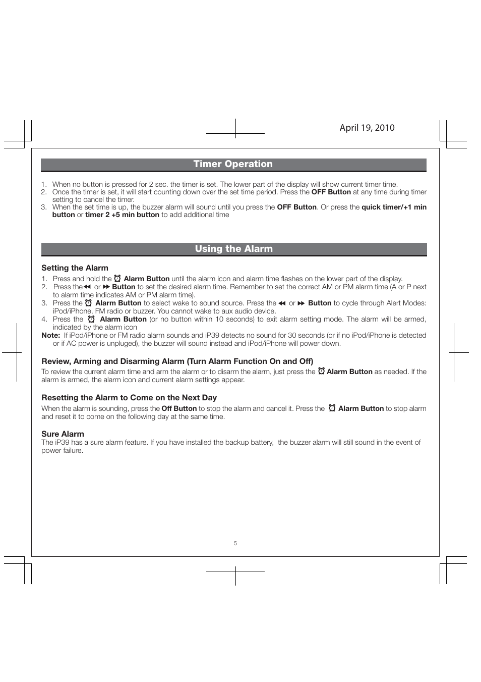Using the alarm | iHome IP39 User Manual | Page 7 / 12