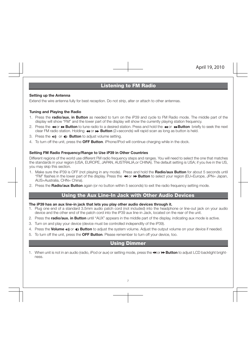 Listening to fm radio | iHome IP39 User Manual | Page 9 / 12